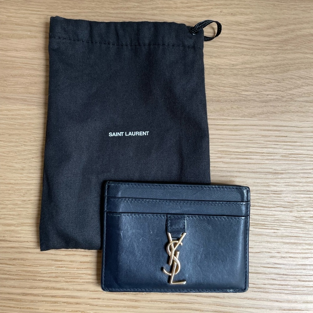 Saint Laurent Navy Card Holder with Gold Logo